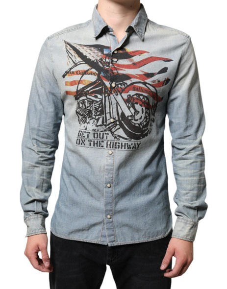 Light Blue Printed Cotton Denim Long Sleeves Shirt Light Blue Printed Cotton Denim Long Sleeves Shirt