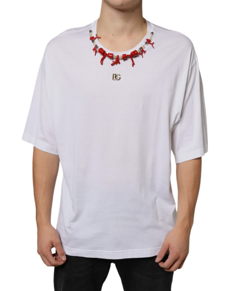 White Cotton Necklace Embellished T-shirt White Cotton Necklace Embellished T-shirt