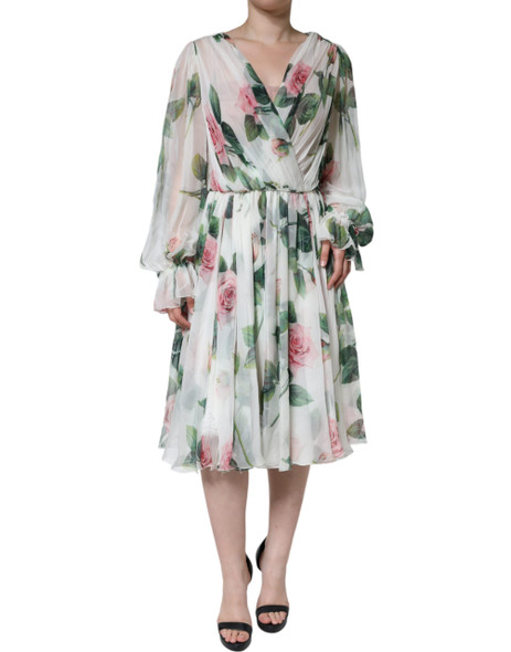White Silk Floral Print A-line Midi Dress White Silk Floral Print A-line Midi Dress