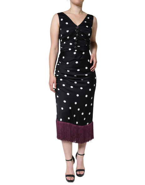Dolce & Gabbana Black Silk Polka Dot Vneck Tassel Midi Dress Dolce & Gabbana Black Silk Polka Dot Vneck Tassel Midi Dress