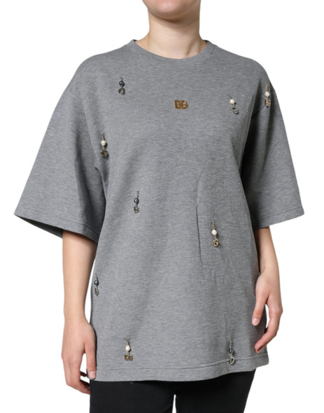 Gray Cotton Blend Embellished Tee T-shirt Gray Cotton Blend Embellished Tee T-shirt