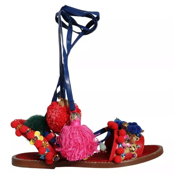 Dolce & Gabbana Multicolor Pom Pom Fur Wrap Sandals Shoes LA11841 Dolce & Gabbana Multicolor Pom Pom Fur Wrap Sandals Shoes LA11841