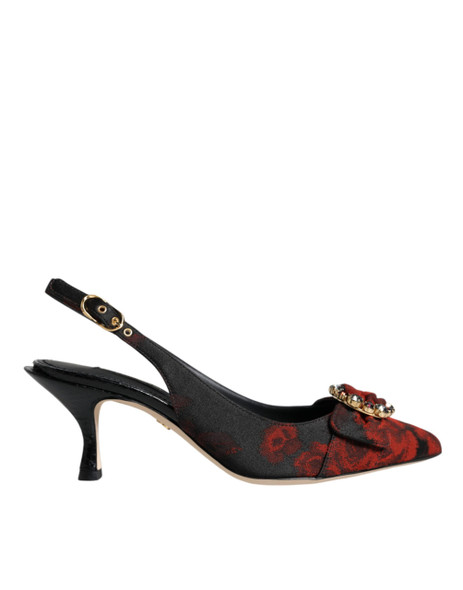Black Red Floral Crystal Heel Slingback Shoes Black Red Floral Crystal Heel Slingback Shoes