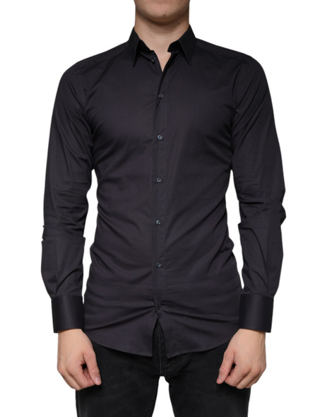 Dolce & Gabbana Black Cotton Stretch Dress GOLD Formal Shirt Dolce & Gabbana Black Cotton Stretch Dress GOLD Formal Shirt