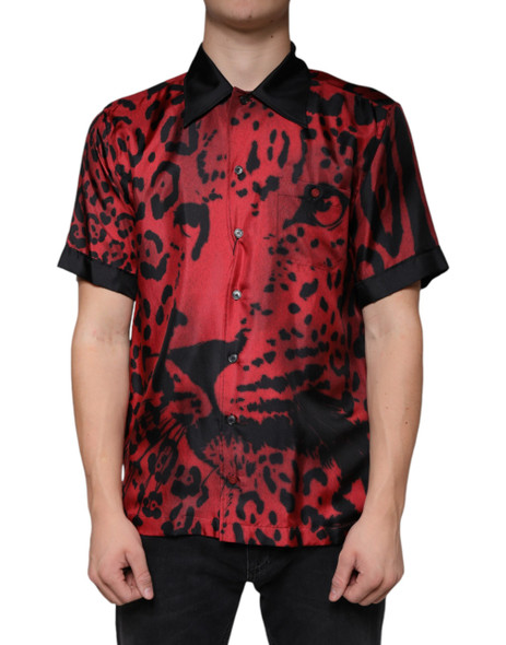 Red Leopard Silk Button Down Casual Shirt Red Leopard Silk Button Down Casual Shirt