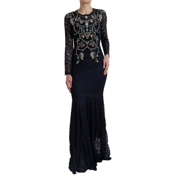 Dolce & Gabbana Blue Crystal Floral Lace Long Gown Dress Dolce & Gabbana Blue Crystal Floral Lace Long Gown Dress