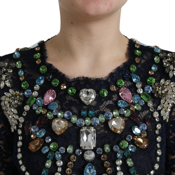 Dolce & Gabbana Blue Crystal Floral Lace Long Gown Dress Dolce & Gabbana Blue Crystal Floral Lace Long Gown Dress