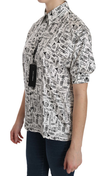 White Musical Instrument Collared Blouse Shirt White Musical Instrument Collared Blouse Shirt