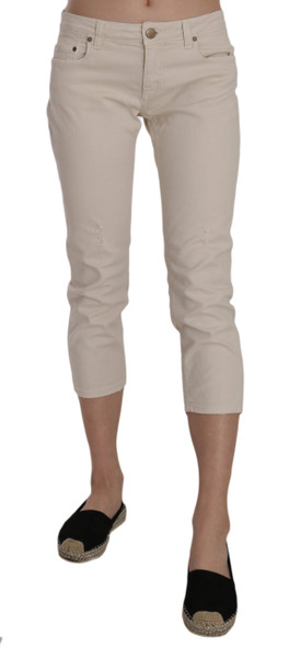 Beige Cotton Stretch Low Waist Skinny Cropped Capri Jeans Beige Cotton Stretch Low Waist Skinny Cropped Capri Jeans