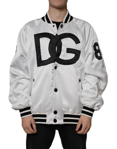 White Polyester Logo Full Zip Bomber Jacket White Polyester Logo Full Zip Bomber Jacket
