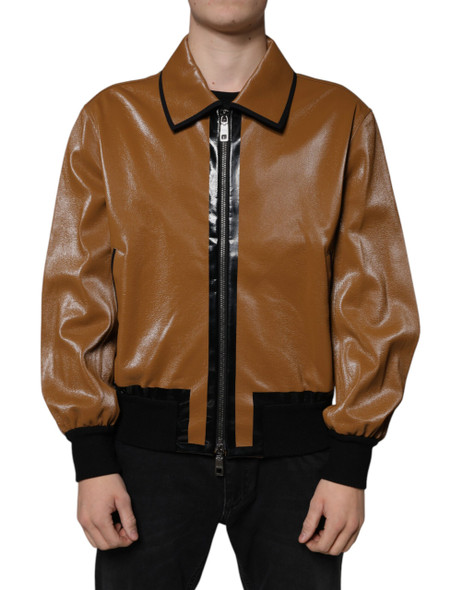 Brown Leather Full Zip Men Bomber Jacket Brown Leather Full Zip Men Bomber Jacket