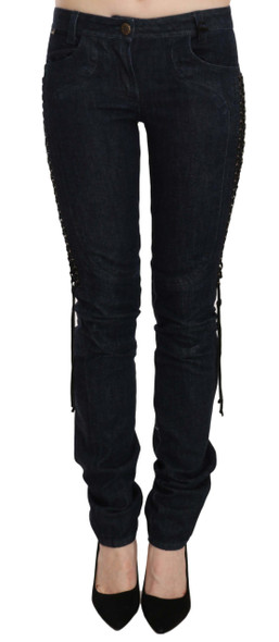 Just Cavalli Blue Low Waist Skinny Trousers Braided String Pants Just Cavalli Blue Low Waist Skinny Trousers Braided String Pants