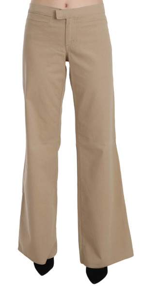 Beige Cotton Mid Waist Flared Trousers Pants Beige Cotton Mid Waist Flared Trousers Pants