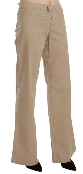 Beige Cotton Mid Waist Flared Trousers Pants Beige Cotton Mid Waist Flared Trousers Pants