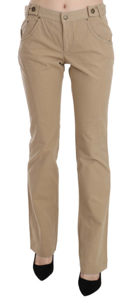 Beige Cotton Mid Waist Straight Trousers Pants Beige Cotton Mid Waist Straight Trousers Pants