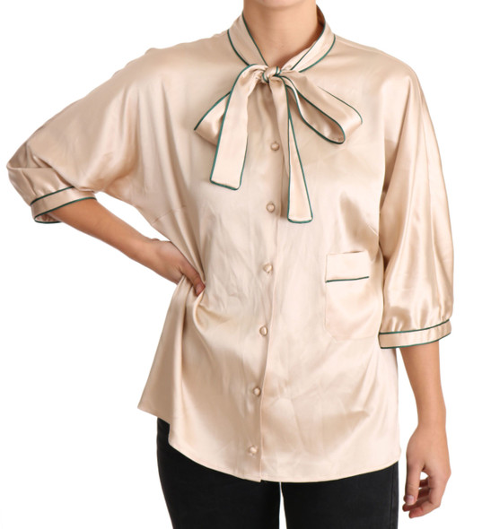 Dolce & Gabbana Beige Ribbon Silk Stretch Top Blouse Dolce & Gabbana Beige Ribbon Silk Stretch Top Blouse