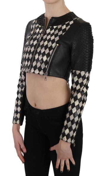 Black White Leather Short Cropped Biker Jacket Coat Black White Leather Short Cropped Biker Jacket Coat