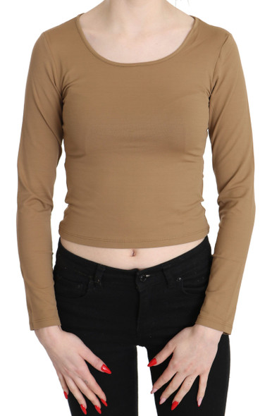Brown Round Neck Long Sleeve Slim Crop Top Blouse Brown Round Neck Long Sleeve Slim Crop Top Blouse