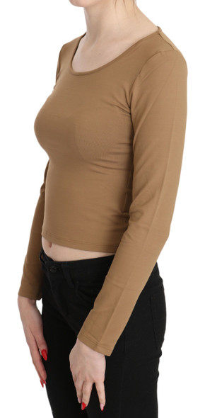 GF Ferre Brown Round Neck Long Sleeve Slim Crop Top Blouse GF Ferre Brown Round Neck Long Sleeve Slim Crop Top Blouse