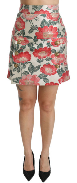 Dolce & Gabbana White Green Red Floral High Waist Mini Skirt Dolce & Gabbana White Green Red Floral High Waist Mini Skirt