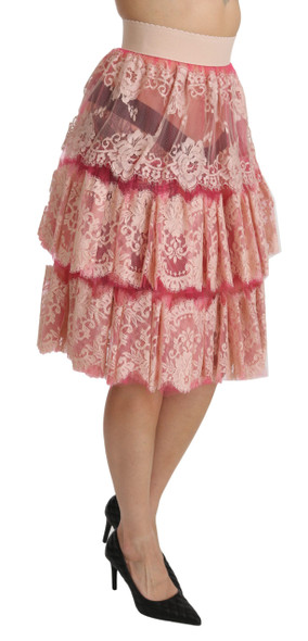 Dolce & Gabbana Pink Lace Layered High Waist Knee Length Skirt Dolce & Gabbana Pink Lace Layered High Waist Knee Length Skirt