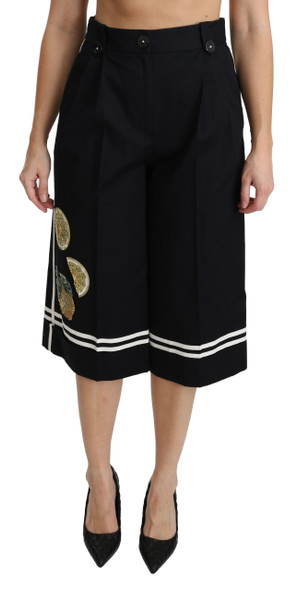 Dolce & Gabbana Black Lemon Embellished Palazzo Cropped Pants Dolce & Gabbana Black Lemon Embellished Palazzo Cropped Pants