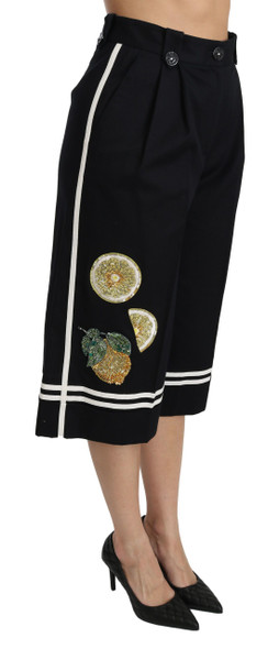 Dolce & Gabbana Black Lemon Embellished Palazzo Cropped Pants Dolce & Gabbana Black Lemon Embellished Palazzo Cropped Pants