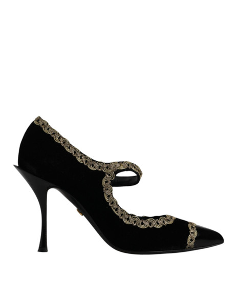 Dolce & Gabbana Black Velvet Gold Mary Janes Pumps Shoes Dolce & Gabbana Black Velvet Gold Mary Janes Pumps Shoes