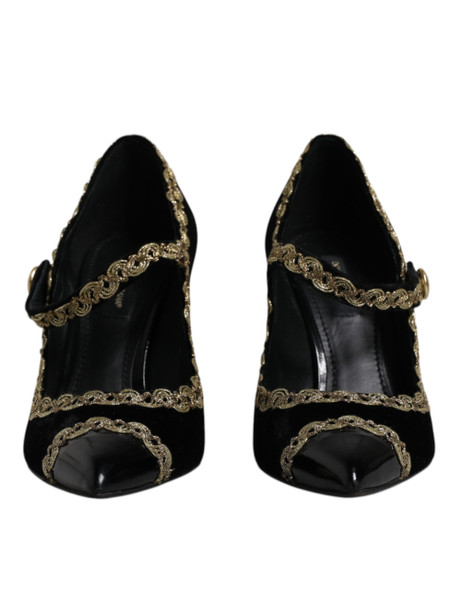 Dolce & Gabbana Black Velvet Gold Mary Janes Pumps Shoes Dolce & Gabbana Black Velvet Gold Mary Janes Pumps Shoes