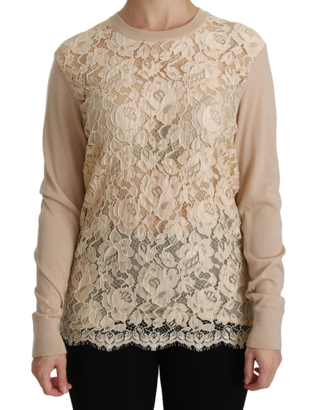 Dolce & Gabbana Beige Lace Long Sleeve Top Cashmere Blouse Dolce & Gabbana Beige Lace Long Sleeve Top Cashmere Blouse