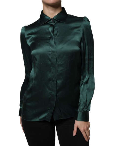 Dark Green Silk Button Down Long Sleeves Blouse Top Dark Green Silk Button Down Long Sleeves Blouse Top