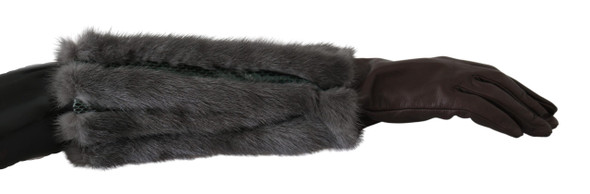 Brown Mid Arm Length Leather Fur Gloves Brown Mid Arm Length Leather Fur Gloves
