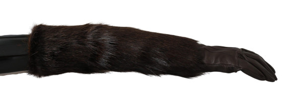 Brown Elbow Length Mittens Leather Fur Gloves Brown Elbow Length Mittens Leather Fur Gloves