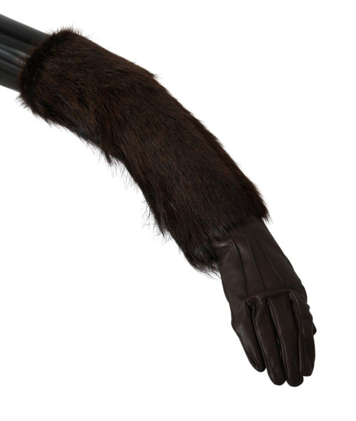 Brown Elbow Length Mittens Leather Fur Gloves Brown Elbow Length Mittens Leather Fur Gloves