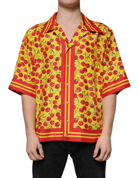 Yellow Cherry Button Down Silk Casual Shirt Yellow Cherry Button Down Silk Casual Shirt