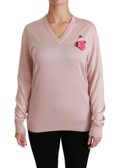 Pink Floral Embellished Pullover Silk Sweater Pink Floral Embellished Pullover Silk Sweater