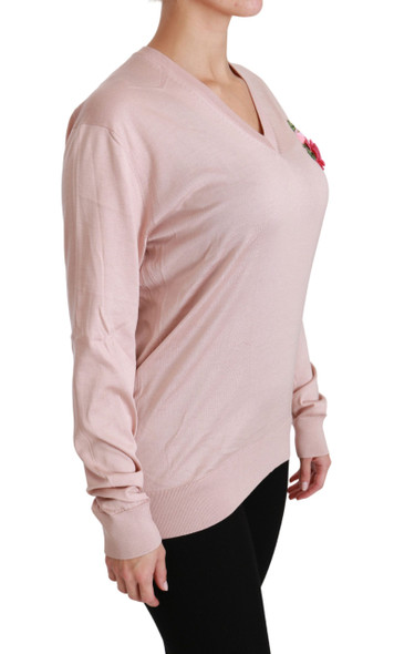 Pink Floral Embellished Pullover Silk Sweater Pink Floral Embellished Pullover Silk Sweater