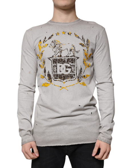 Dolce & Gabbana Gray Printed Cotton Crewneck Pullover Sweater Dolce & Gabbana Gray Printed Cotton Crewneck Pullover Sweater