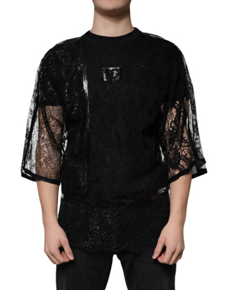 Black Nylon Floral Lace Crew Neck T-shirt Black Nylon Floral Lace Crew Neck T-shirt