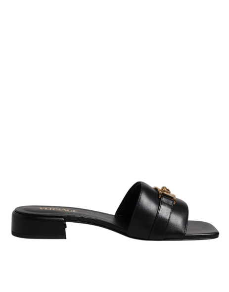 Black Leather Logo Plaque Slip On Slides Flats Shoes Black Leather Logo Plaque Slip On Slides Flats Shoes