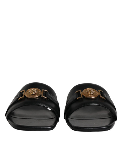 Black Leather Logo Plaque Slip On Slides Flats Shoes Black Leather Logo Plaque Slip On Slides Flats Shoes