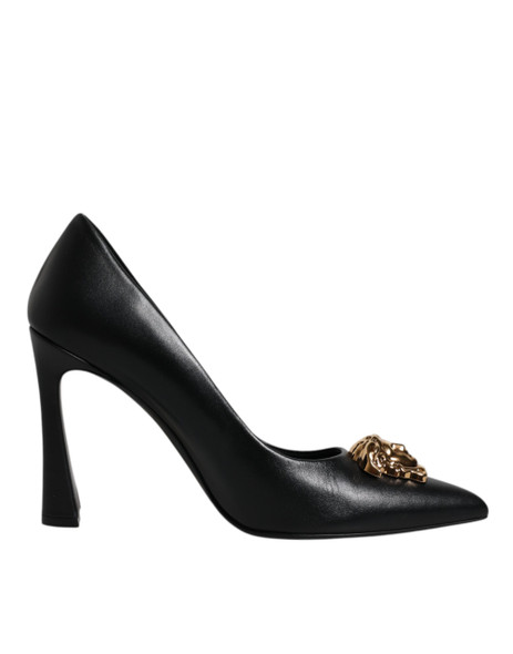 Black Leather Logo Plaque High Heels Pumps Shoes Black Leather Logo Plaque High Heels Pumps Shoes