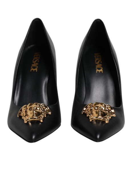 Black Leather Logo Plaque High Heels Pumps Shoes Black Leather Logo Plaque High Heels Pumps Shoes