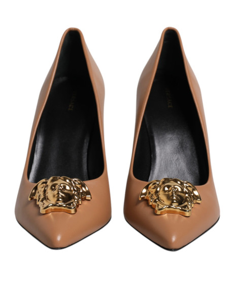 Brown Leather Logo Plaque High Heels Pumps Shoes Brown Leather Logo Plaque High Heels Pumps Shoes