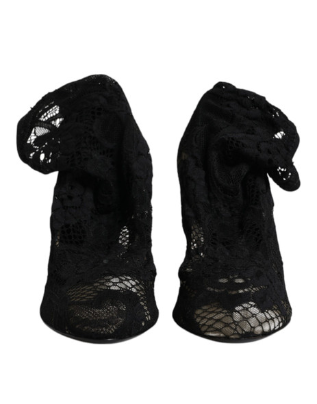 Black Lace Stretch Heels Mid Calf Boots Shoes LA12237 Black Lace Stretch Heels Mid Calf Boots Shoes LA12237