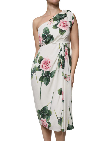 White Floral Silk One Shoulder Midi Dress White Floral Silk One Shoulder Midi Dress