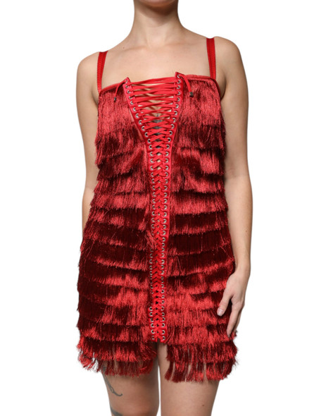Dolce & Gabbana Red Lace Tassel Sleeveless Sheath Mini Dress Dolce & Gabbana Red Lace Tassel Sleeveless Sheath Mini Dress