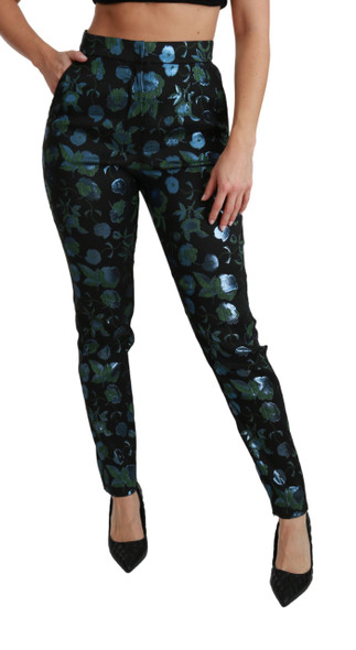 Blue Green Floral Metallic Slim Pants Blue Green Floral Metallic Slim Pants