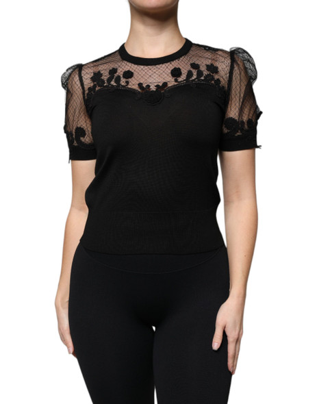Dolce & Gabbana Black Floral Lace Short Sleeves Blouse Top TSH86836 Dolce & Gabbana Black Floral Lace Short Sleeves Blouse Top TSH86836