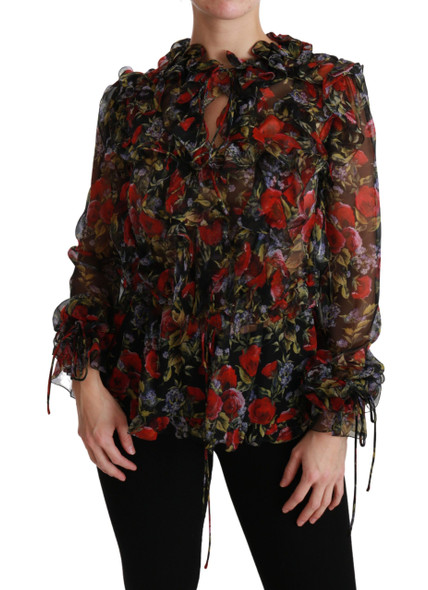 Black Floral Roses Blouse Silk Top Black Floral Roses Blouse Silk Top